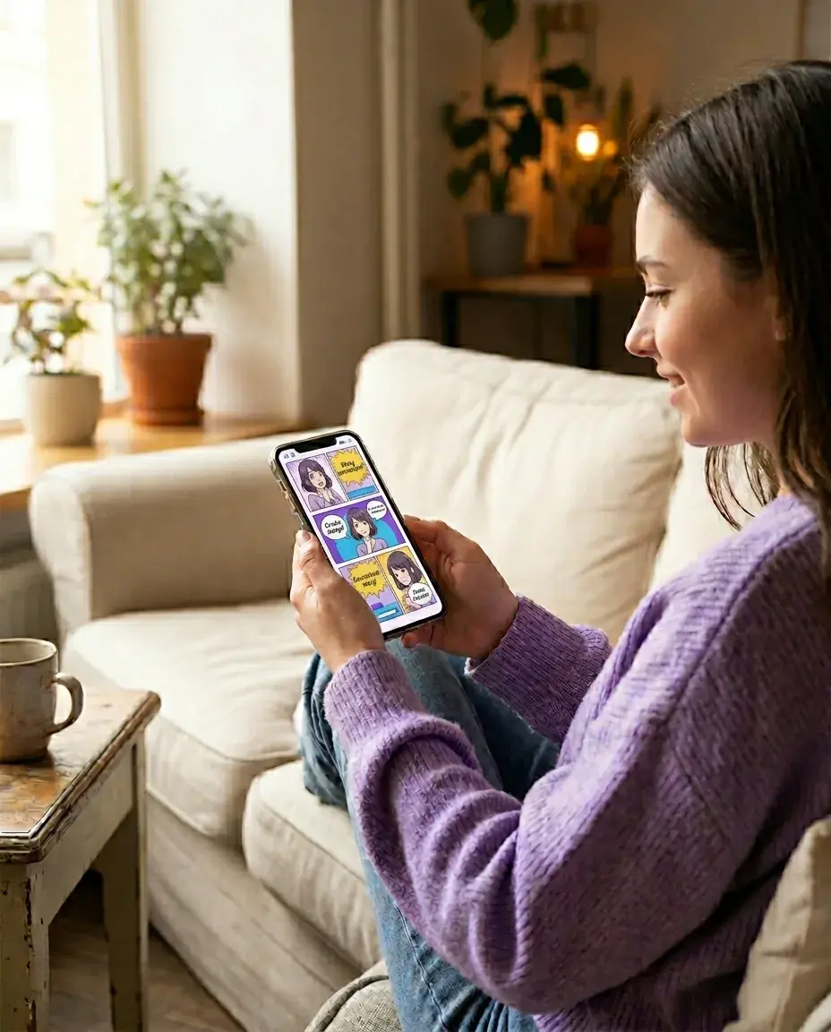 A person viewing an AI-generated anime comic page on their phone, created with Yume Comic.