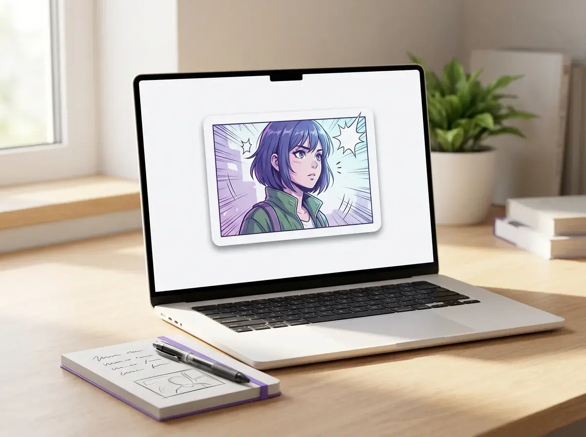 A user creating an anime comic page on a laptop