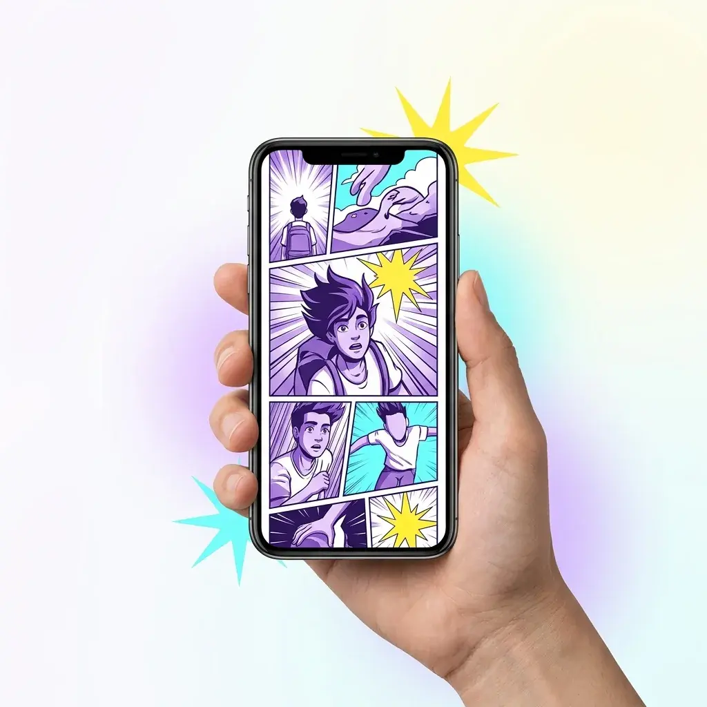 A hand holding a smartphone showcasing a scrollable webtoon.