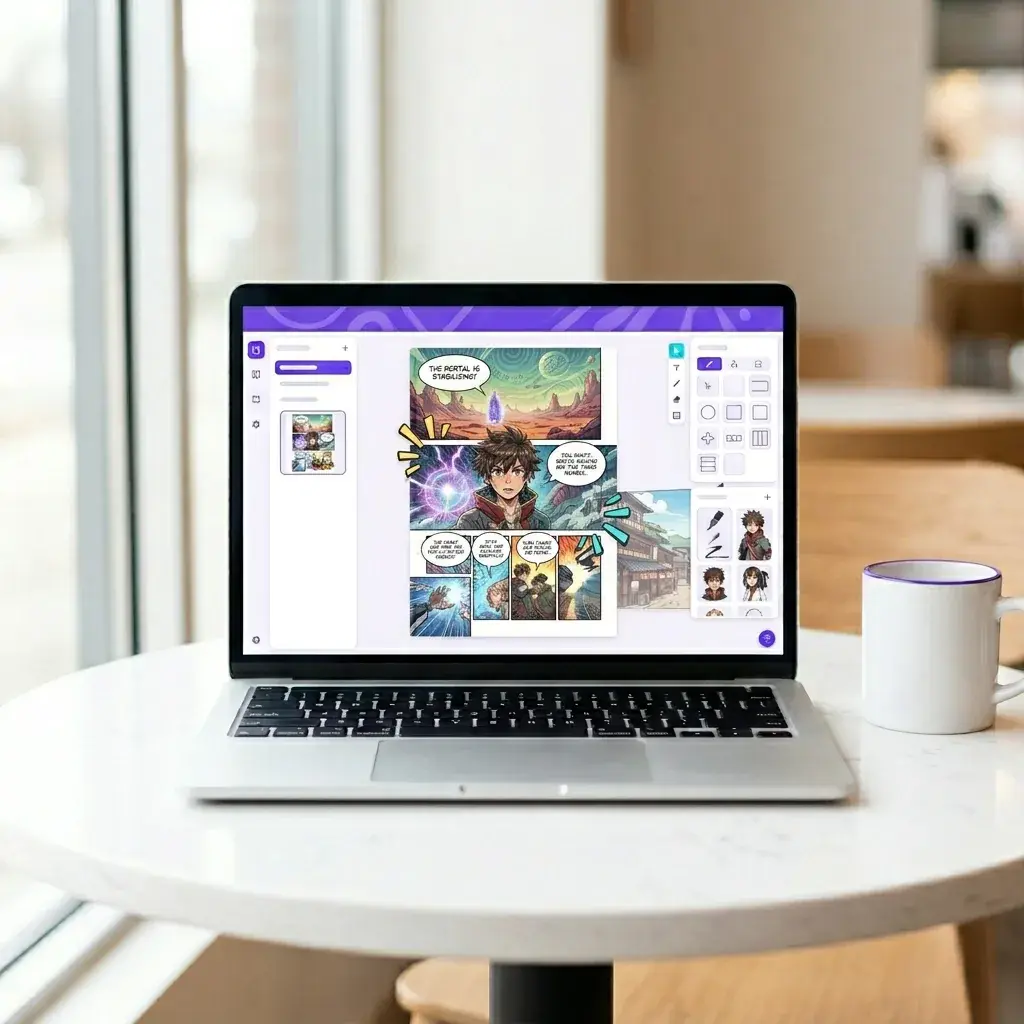 A laptop showing the free Yume Comic web application in a café setting.