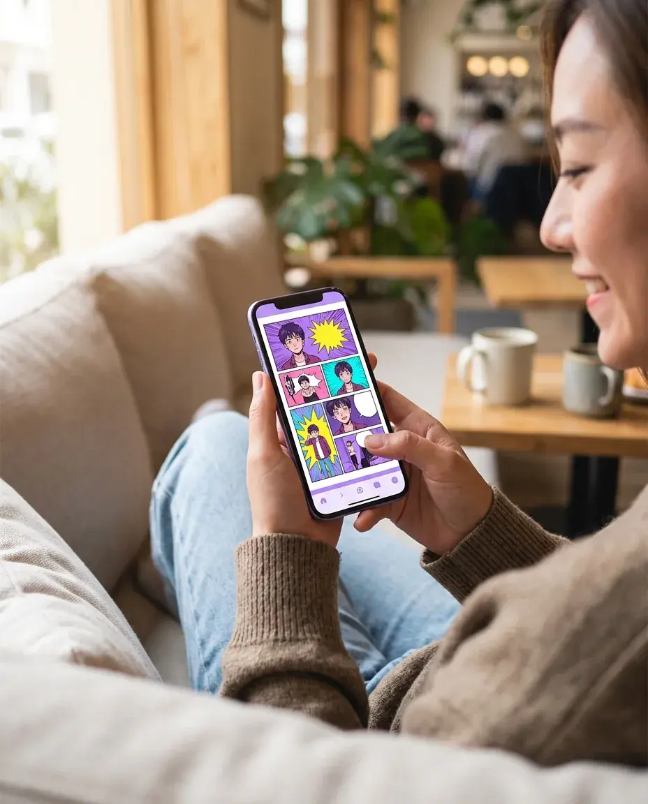 Person viewing a cartoon page on a phone created with AI