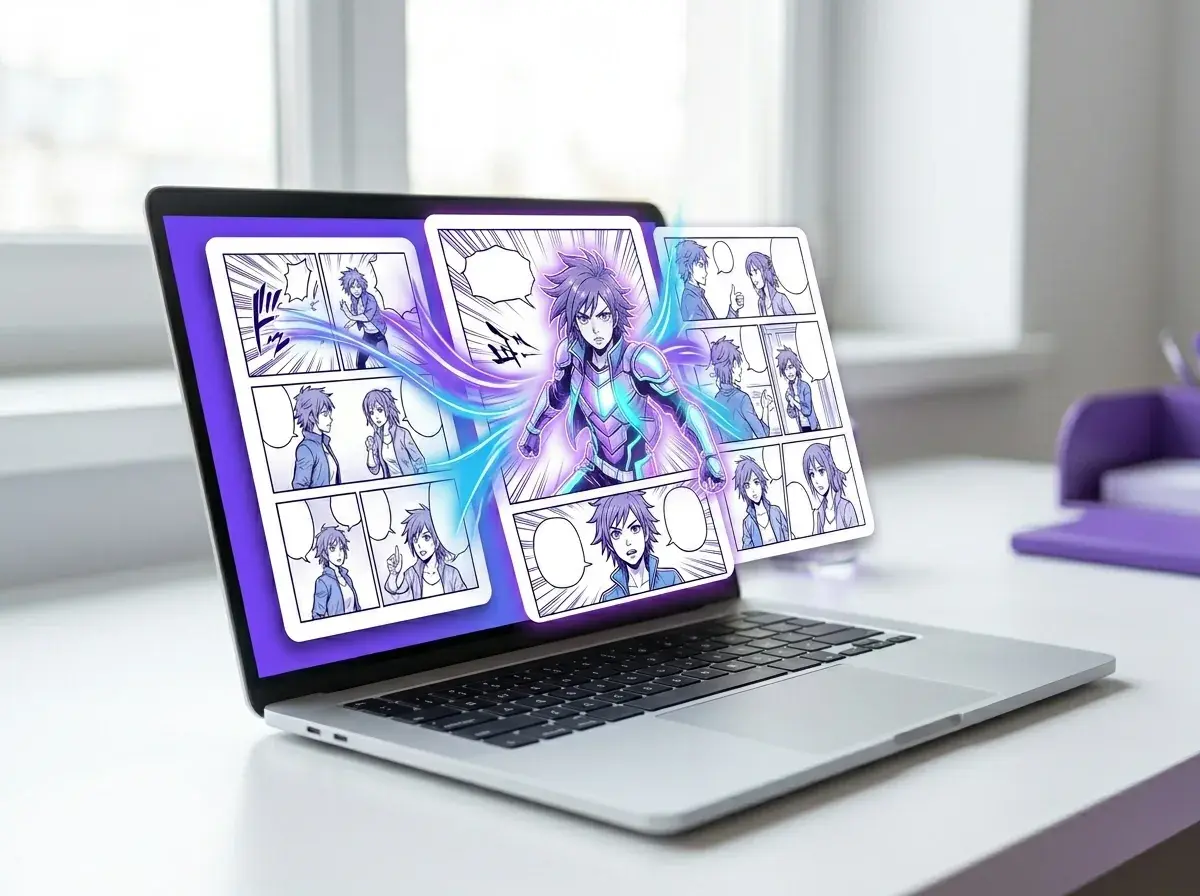 AI generating a multi-panel comic page with characters and speech bubbles