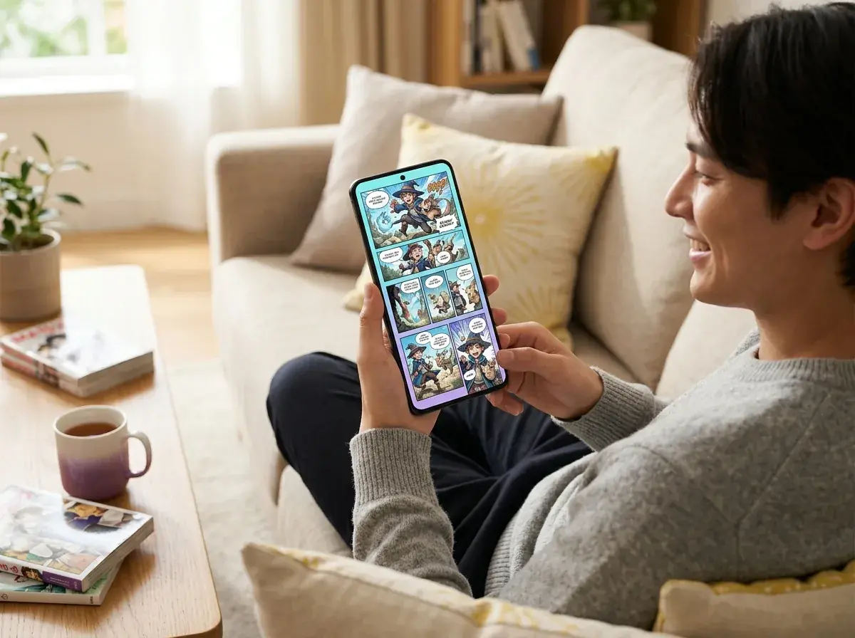 Person viewing a completed webtoon on a smartphone