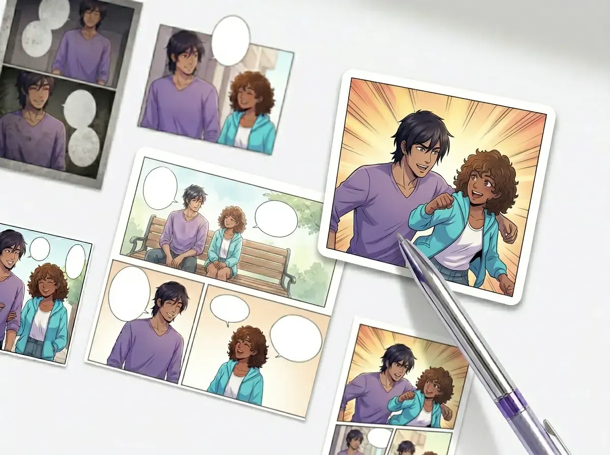 AI-generated multi-panel cartoon page on a laptop screen.