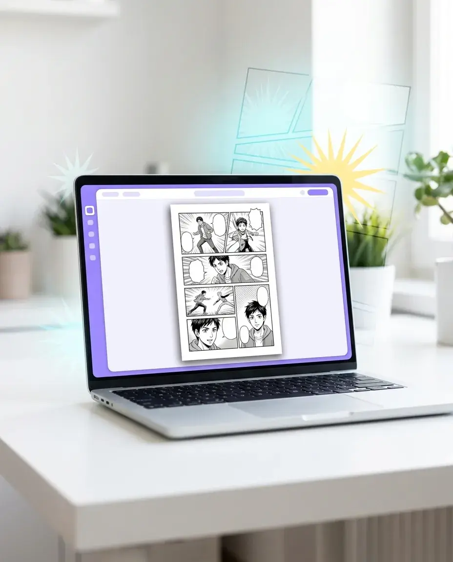 A laptop displaying a finished AI-generated manga page with panels and speech bubbles in a bright, modern room.