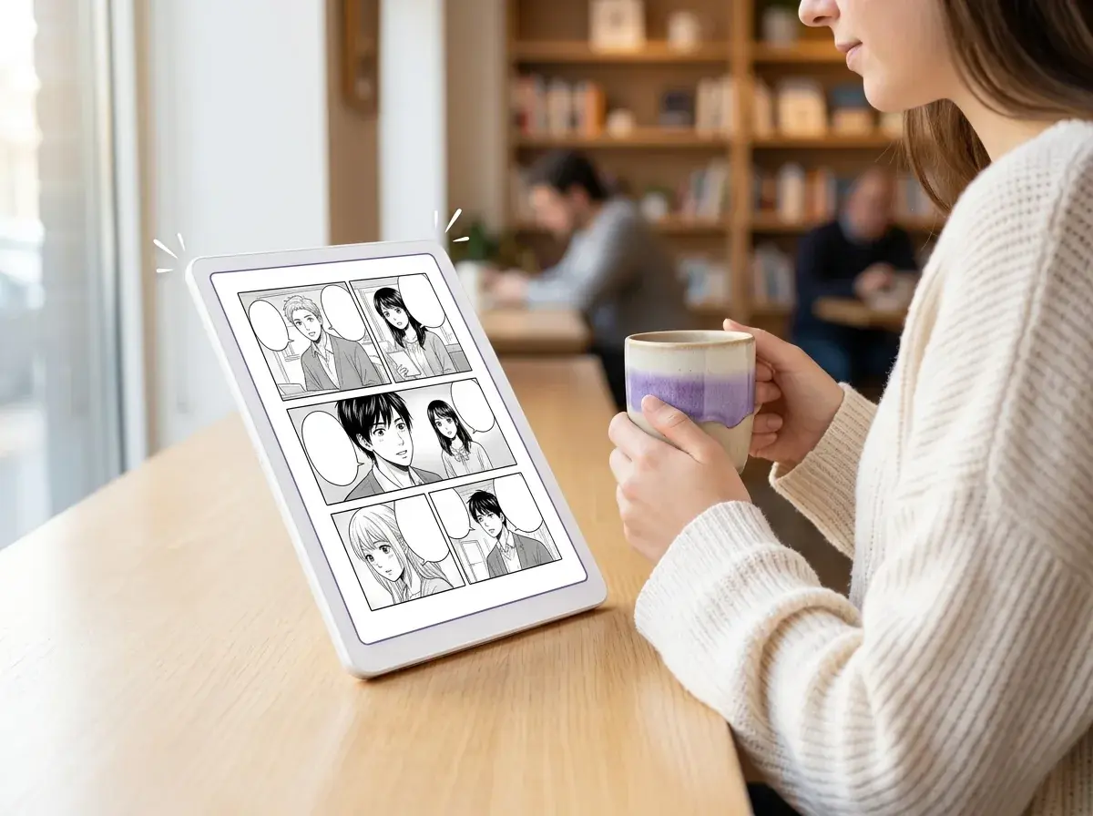 Creator making a webtoon in a browser at a cafe