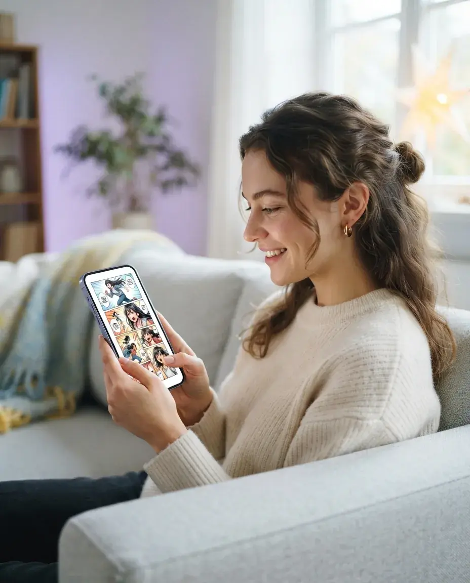 Lettore occasionale che visualizza una pagina manga finita su un telefono in una stanza luminosa