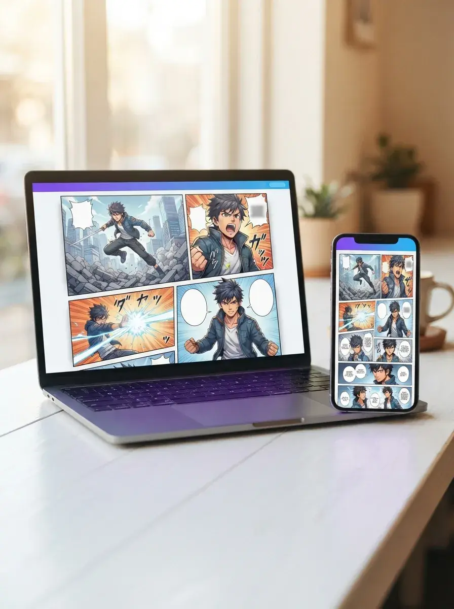 Pagina manga finita con pannelli di personaggi coerenti su laptop e telefono