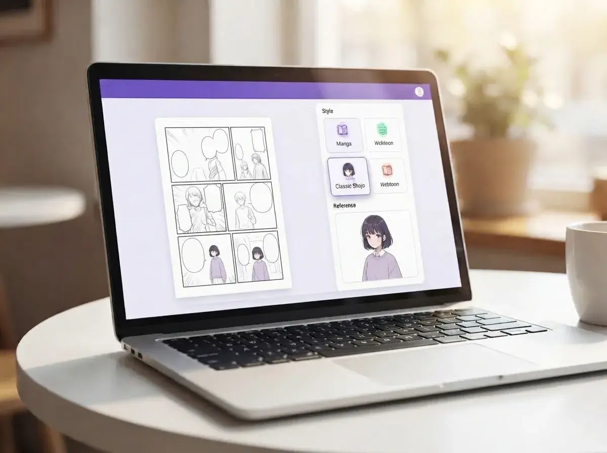 Maya sceglie lo stile manga e le impostazioni del personaggio sul suo laptop argentato nello stesso caffè
