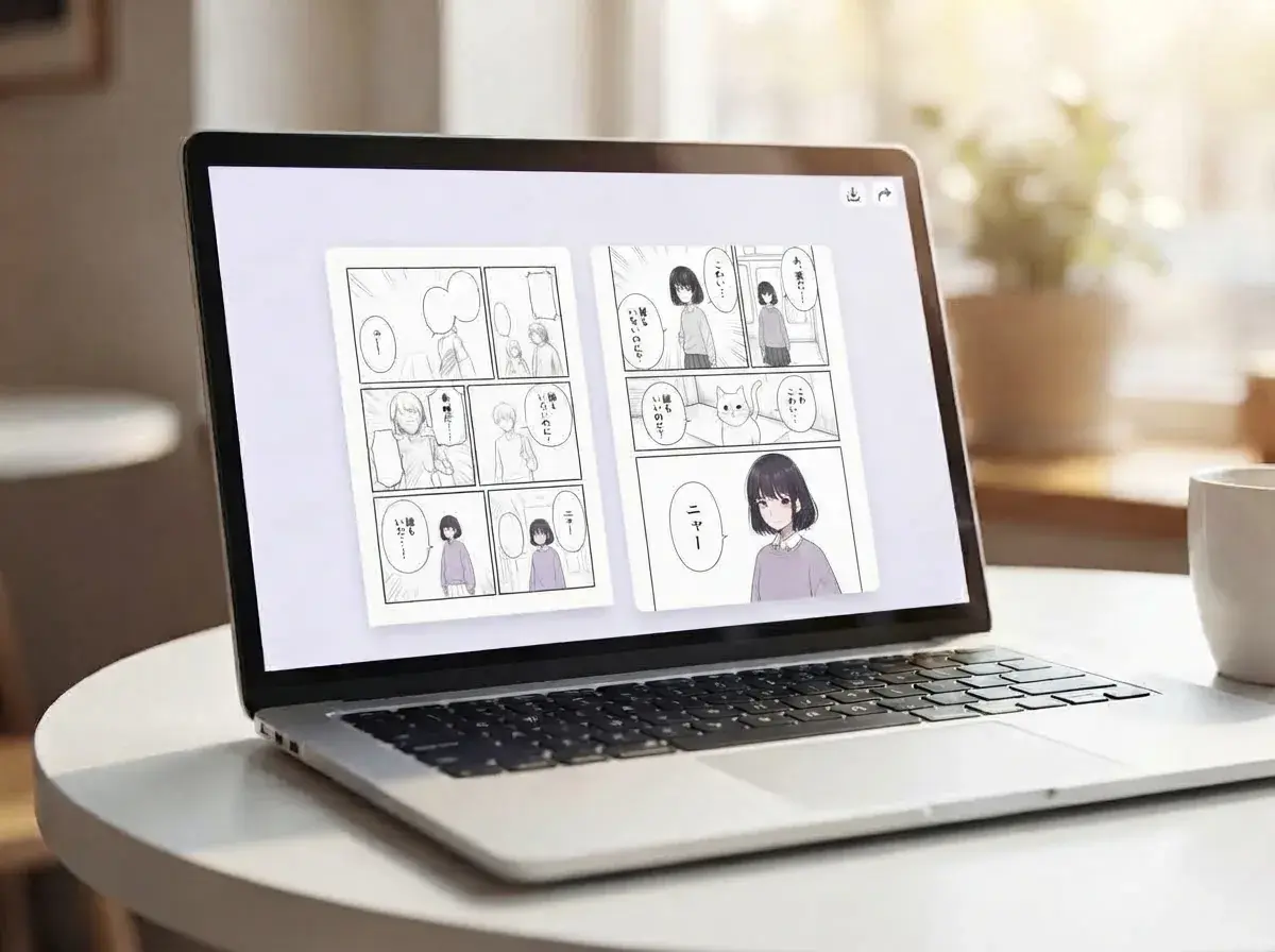 Maya visualizza e scarica una pagina manga a più vignette finita sul suo laptop argentato al caffè