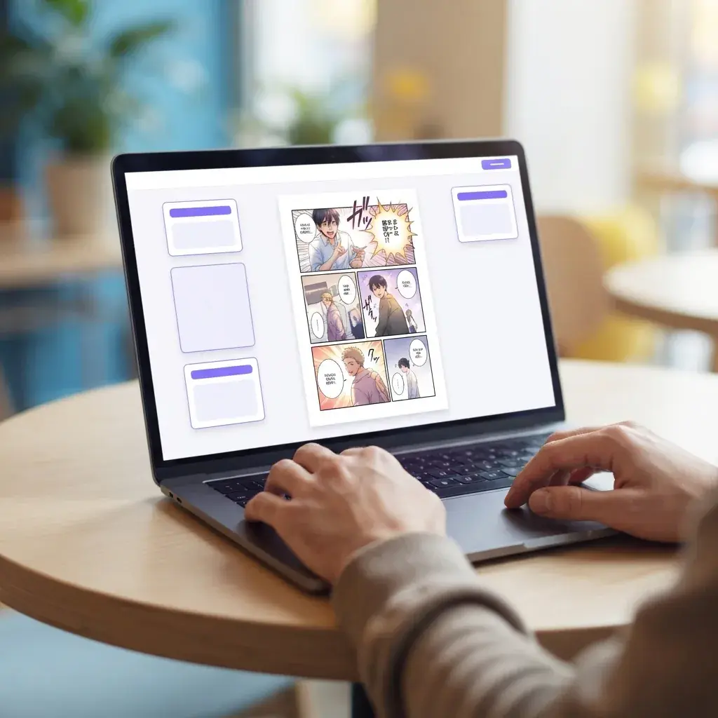 Persona che usa un laptop per trasformare una breve idea di storia in una pagina manga
