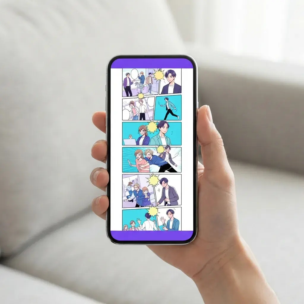 Telefono che mostra uno scroll manga verticale finito, creato da un breve prompt testuale