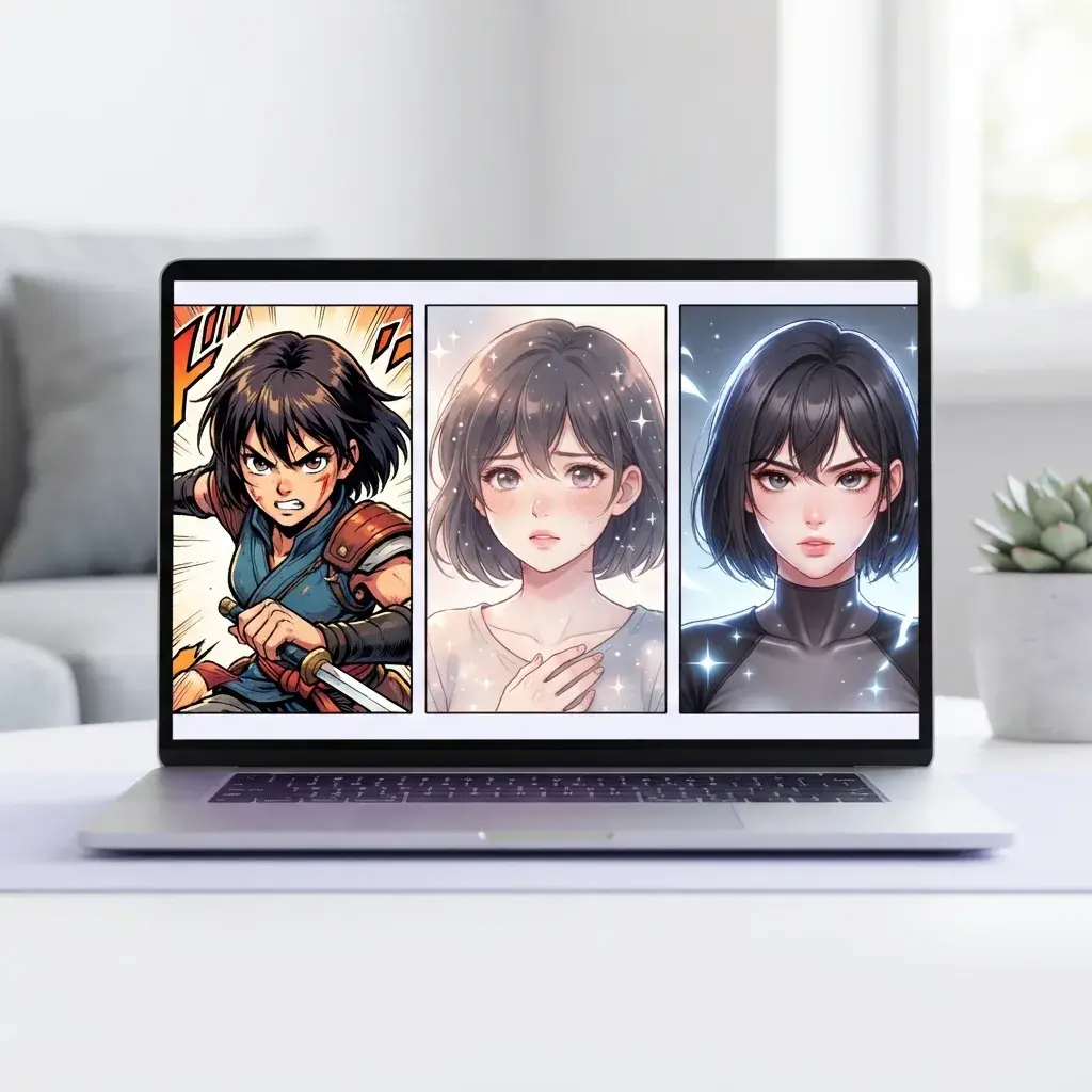 Laptop che mostra lo stesso personaggio manga reso in diversi stili di fumetto
