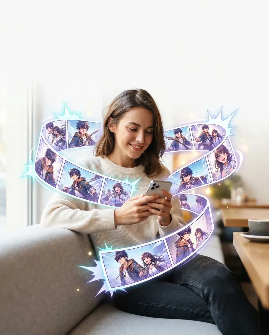 Casual reader imagining manhwa panels around a phone in a bright cafe
