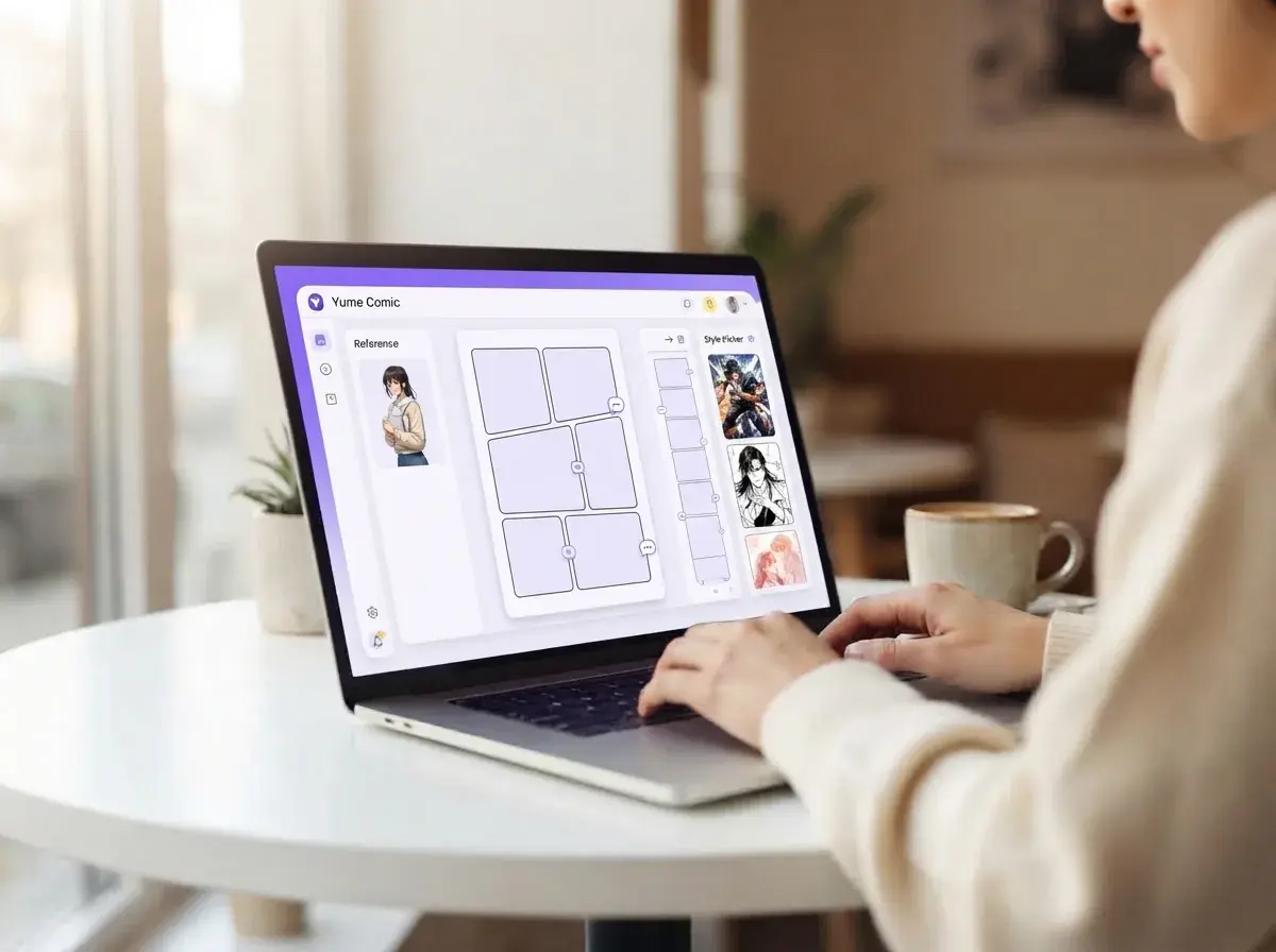 Person choosing manhwa page layout and style on a laptop screen