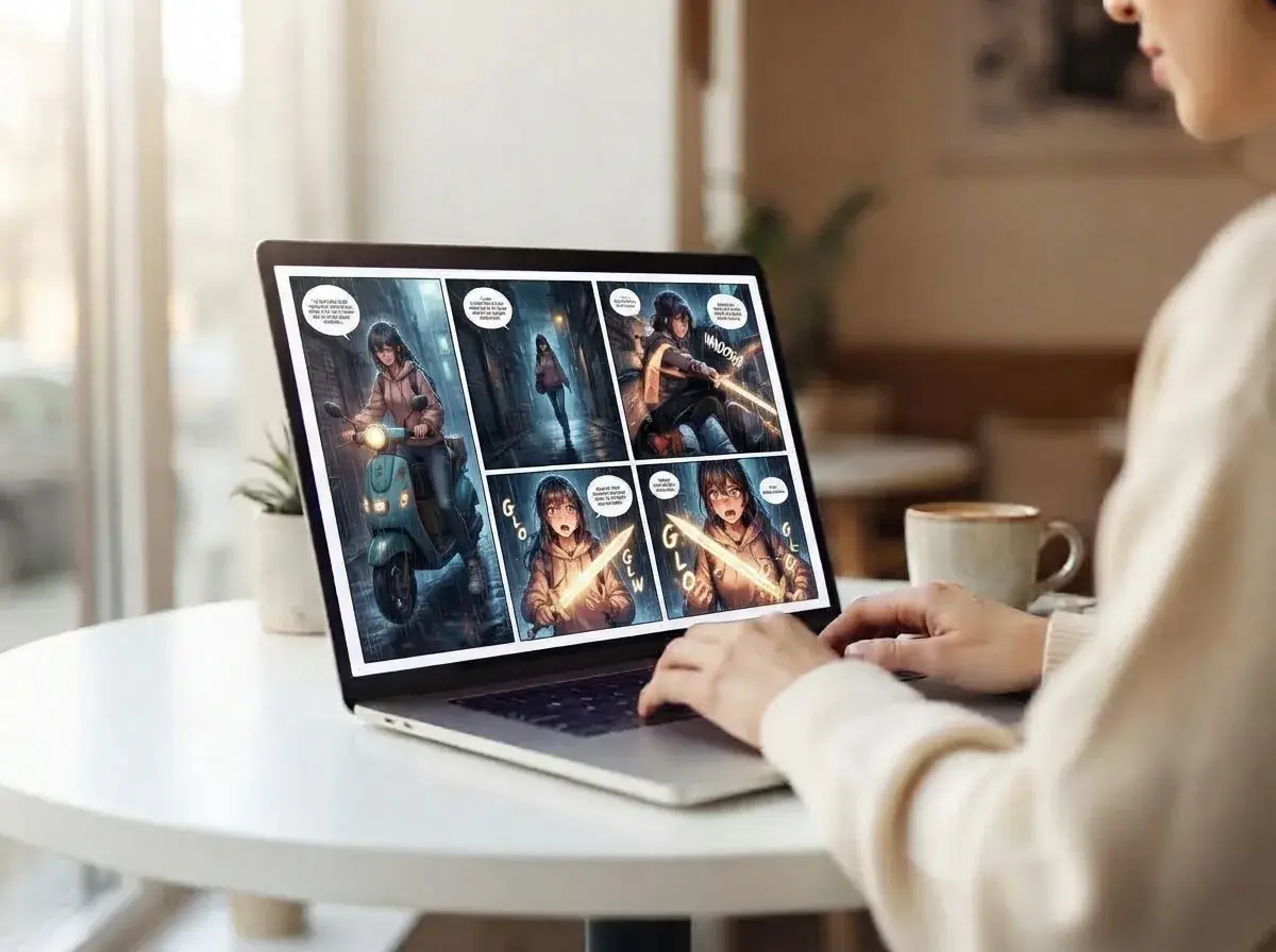 Finished manhwa page displayed on a laptop with consistent character panels