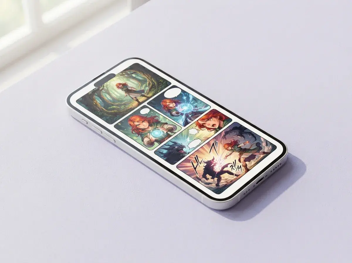 Phone showing alternate manhwa page drafts with one character