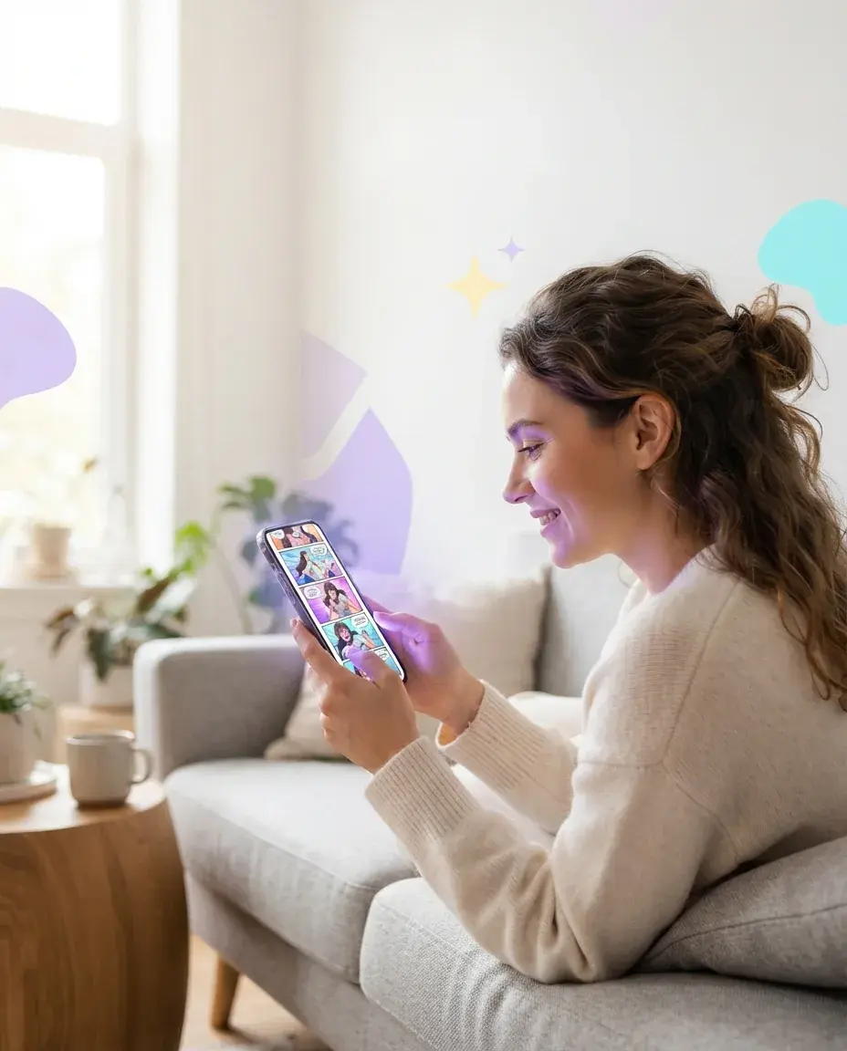 Person reading a bright vertical webtoon on a phone in a soft violet comic dreamscape