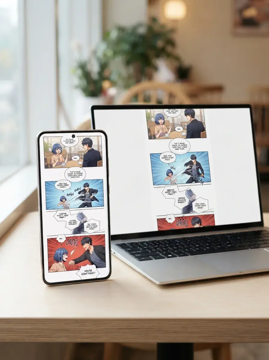 Finished vertical webtoon page shown on a phone and laptop