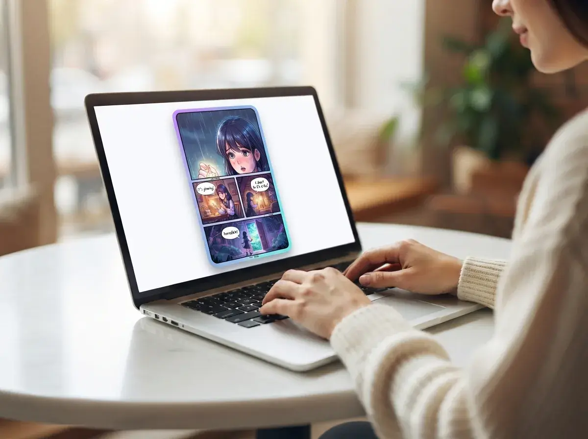Maya typing a short webtoon scene prompt on a laptop in a sunny cafe