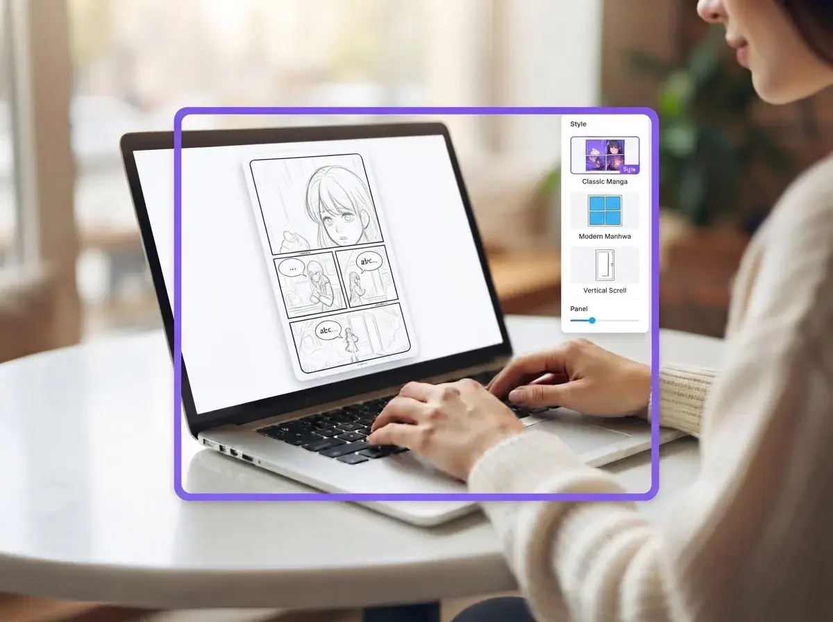 Maya arranging panel flow and style for a webtoon page on a laptop in the same cafe