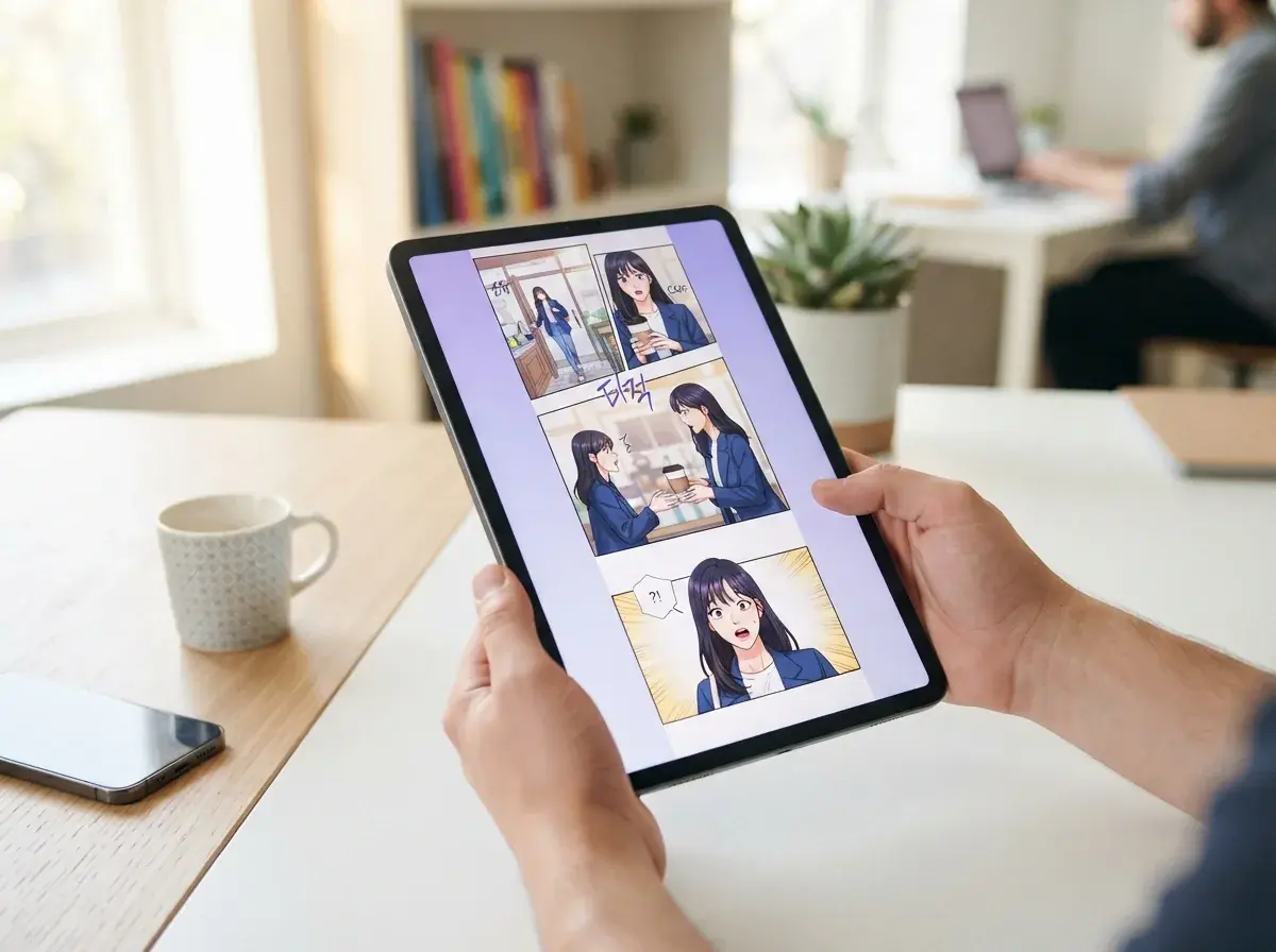 Phone showing a finished vertical webtoon page while someone reads on a couch