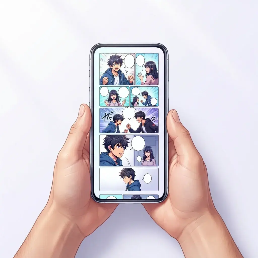 Writer reviewing a character-focused comic page on a phone