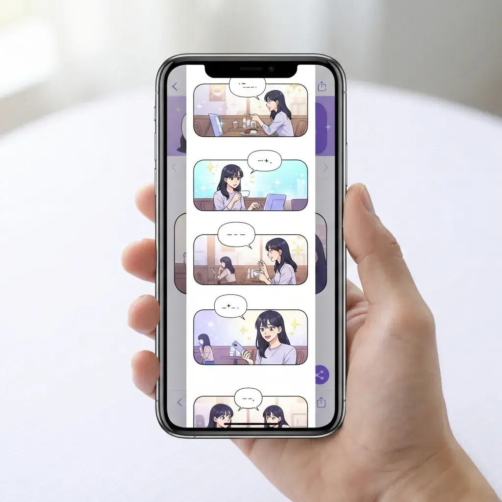 Smartphone displaying a vertical webtoon episode ready to share