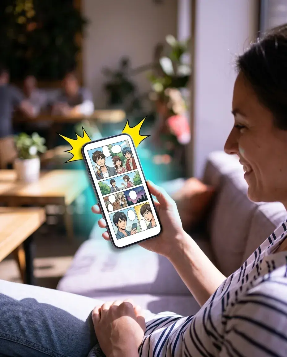 A casual reader on a couch in a café, looking at their phone which displays a vibrant, multi-panel manga page created with Yume Comic.