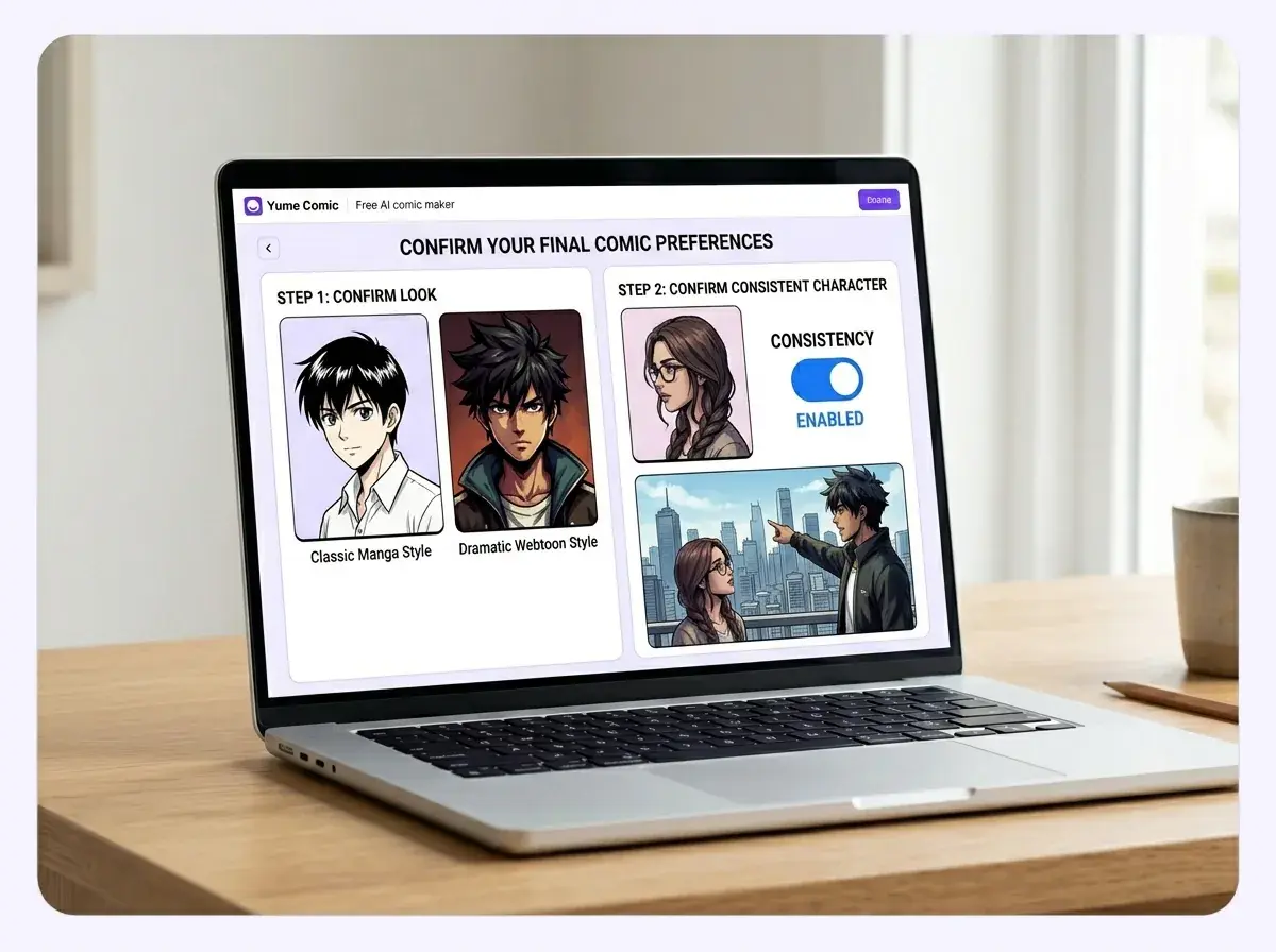 Yume Comic interface with style and character settings