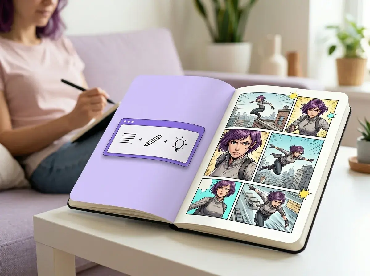 AI comic creator interface showing text prompt turning into comic art