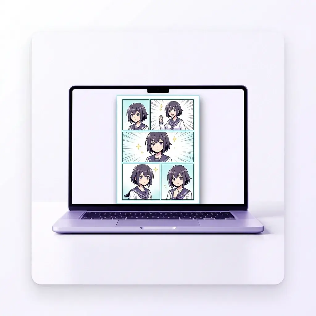 Consistent character design across comic panels on a laptop