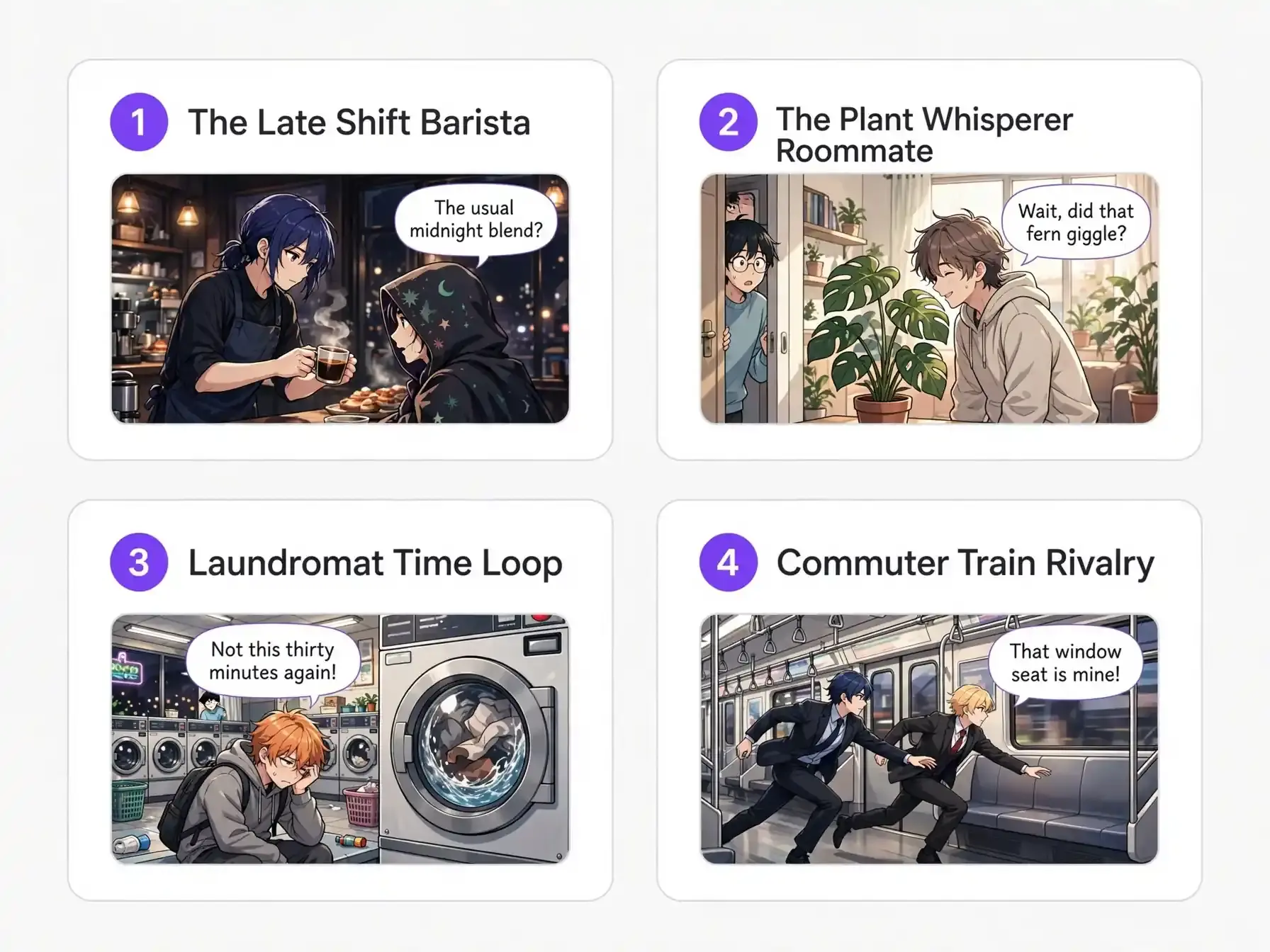 Four-card grid of anime comic ideas featuring a midnight barista, talking plants, a time loop, and train rivals.