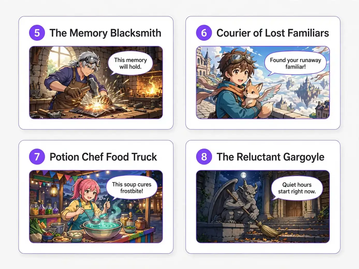 Four anime comic cards featuring a memory blacksmith, familiar courier, potion food truck, and sweeping gargoyle.