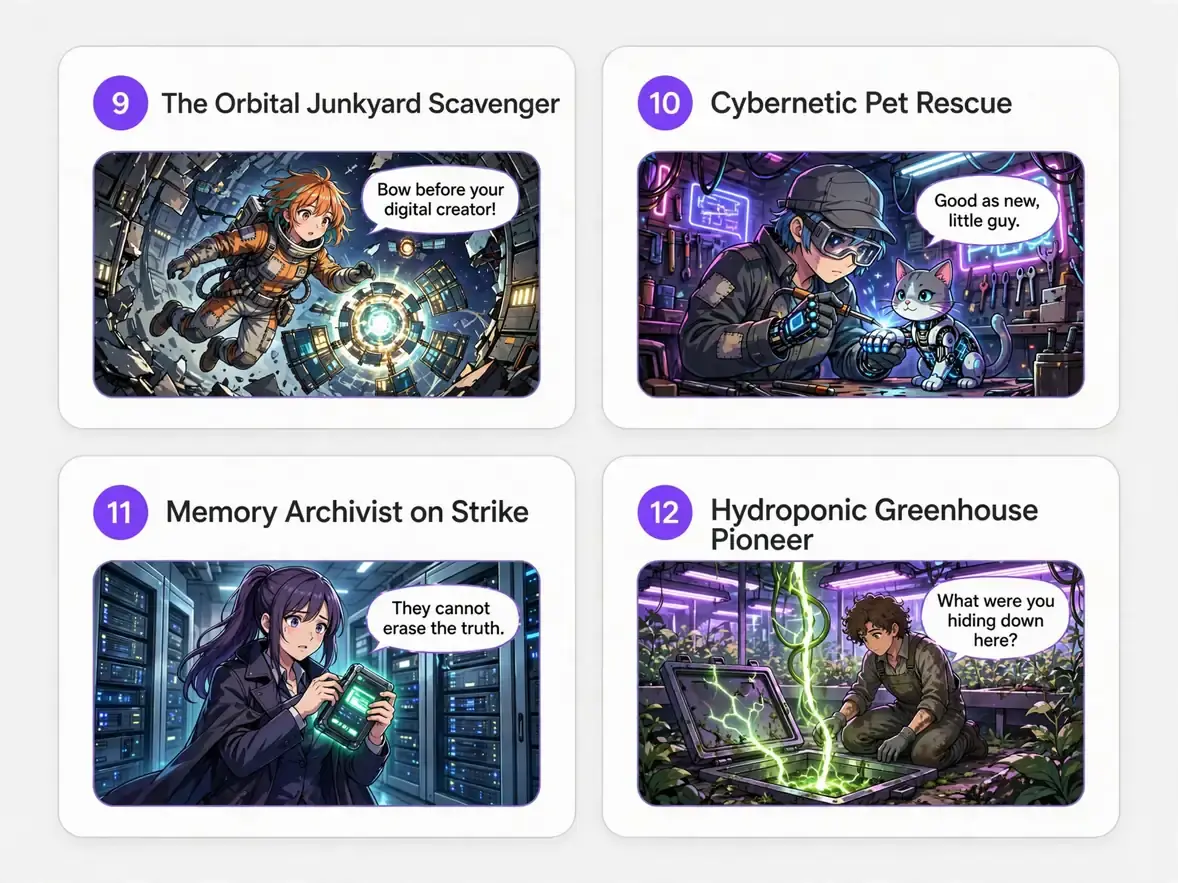 Four anime comic panels featuring a space scavenger, robot pet clinic, corporate archivist, and greenhouse pioneer.