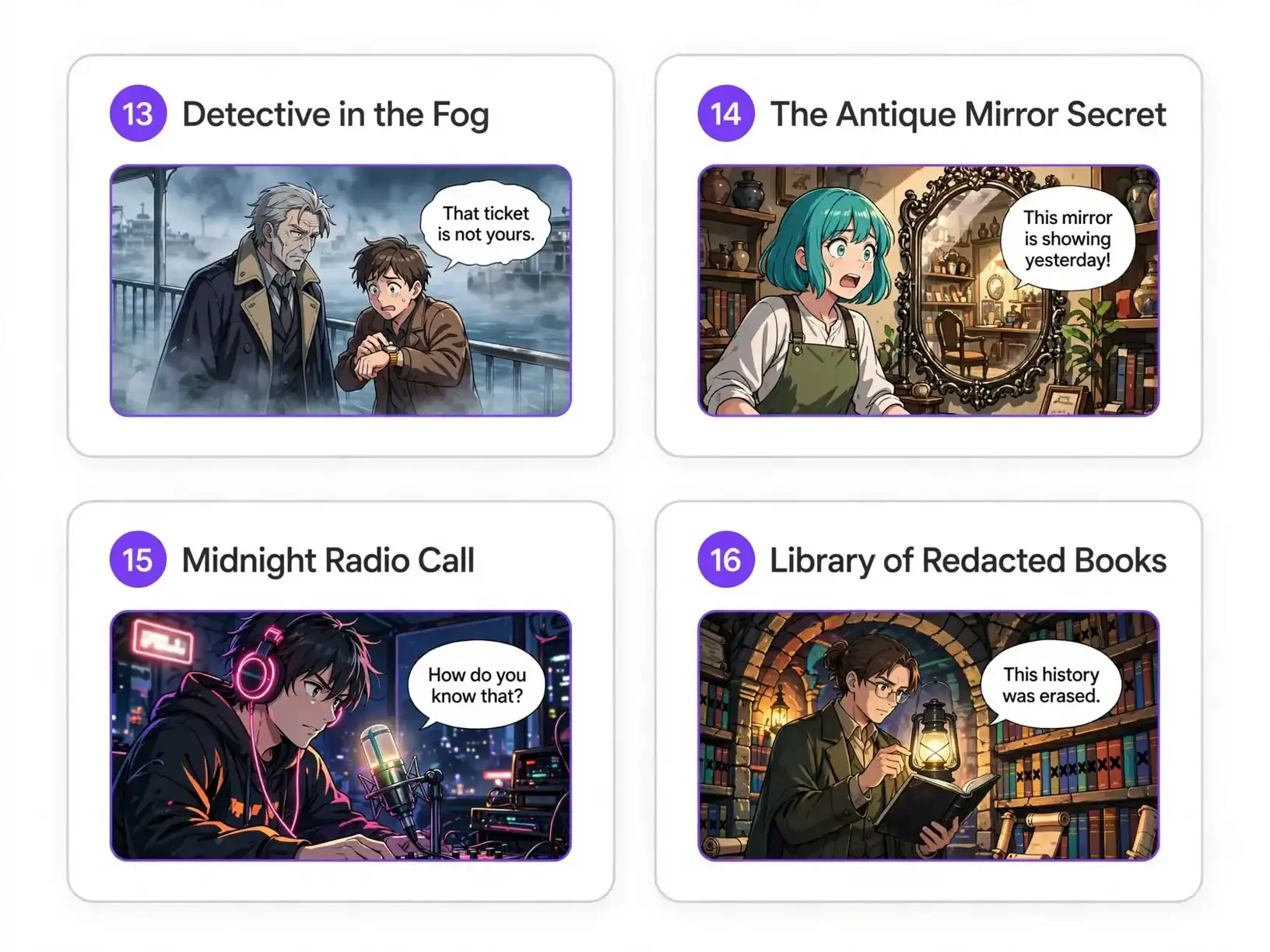 Four colorful anime comic panels illustrating mystery story ideas with expressive characters and speech bubbles.
