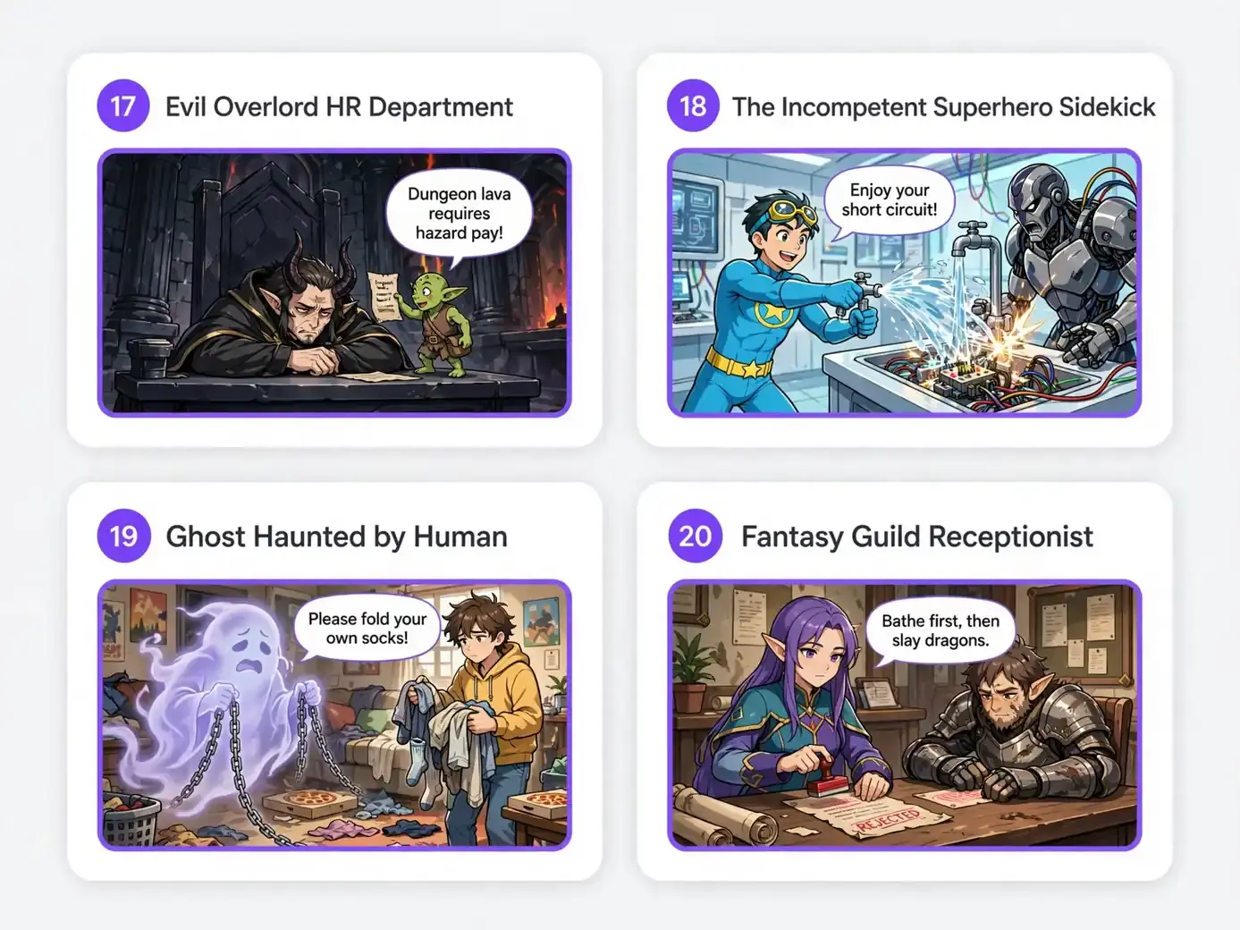 Four colorful anime comic panels showing funny story ideas about overlords, sidekicks, ghosts, and guild clerks.