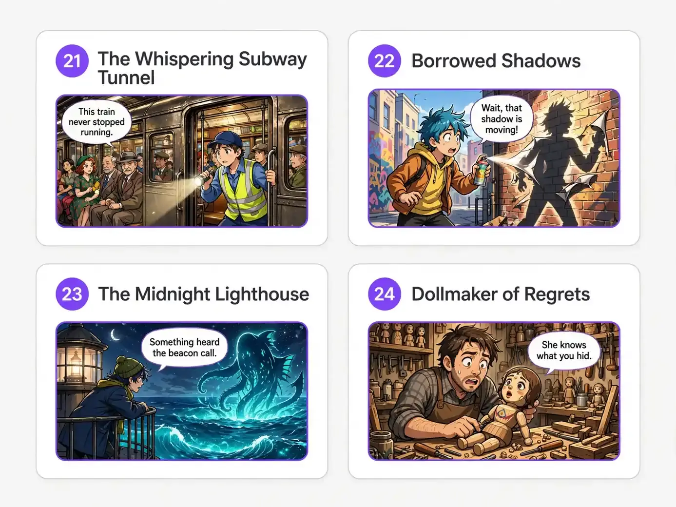 Four anime comic panels showing a ghost train, living shadows, a deep sea titan, and a whispering wooden doll.