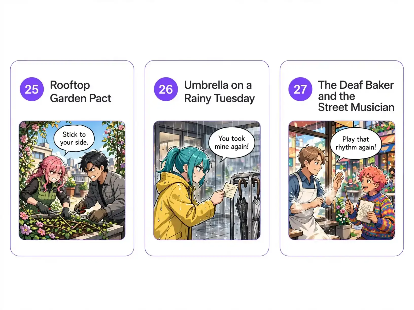 Three anime comic panels showing a rooftop garden rivalry, an umbrella mix-up, and a baker gesturing to a musician.