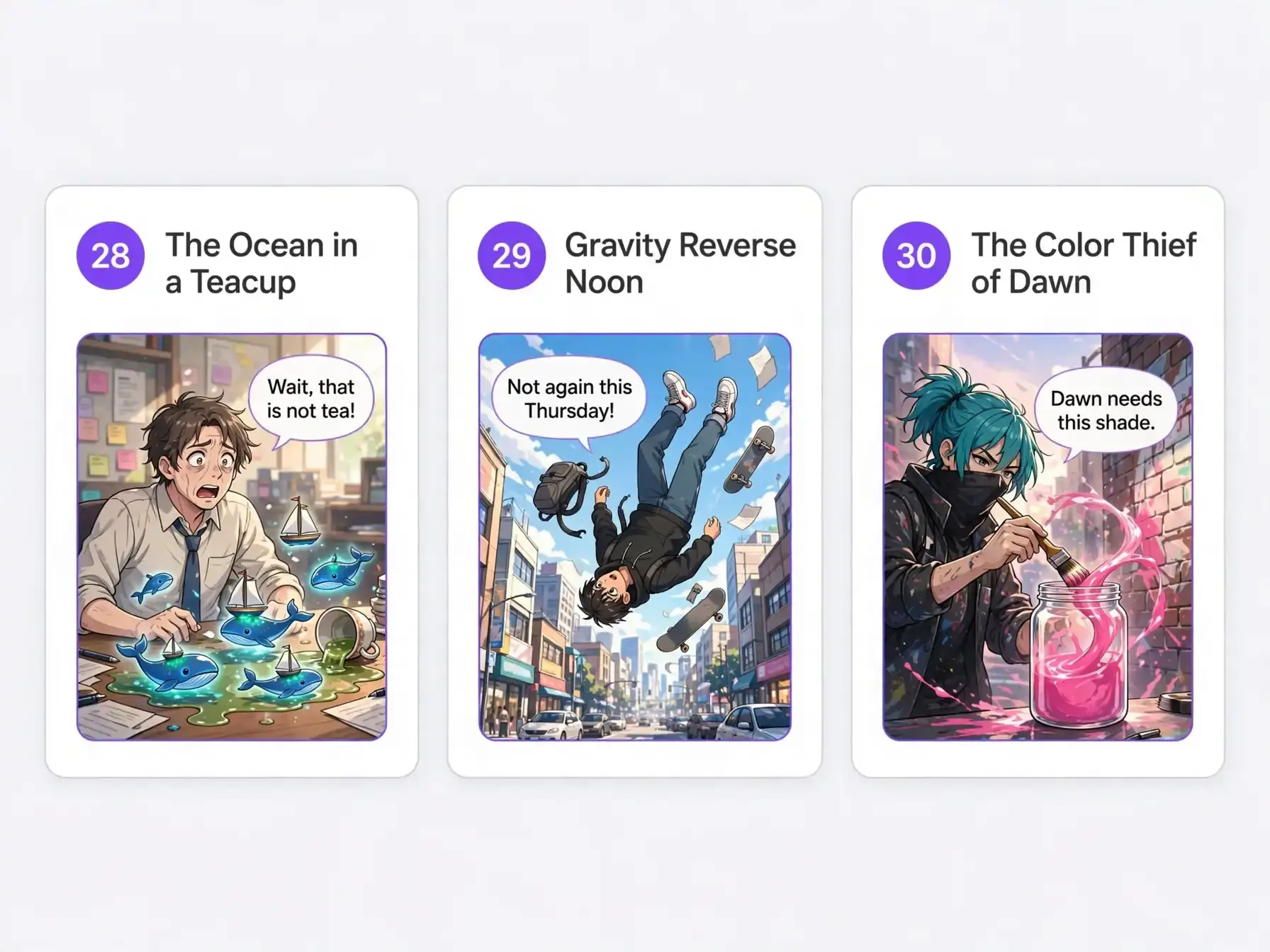 Three anime comic panel cards showing a flooded teacup cubicle, floating pedestrians, and a color-collecting painter.