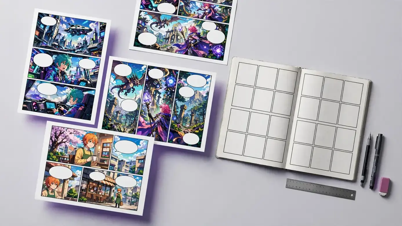Artist workspace with an open manga sketchbook and digital tablet showing comic panels