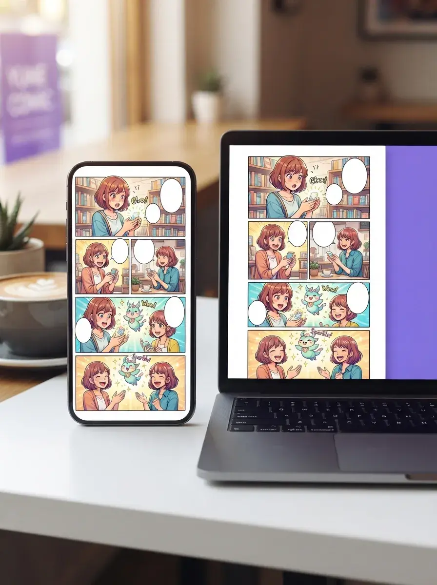 Finished comic page shown on a phone and laptop