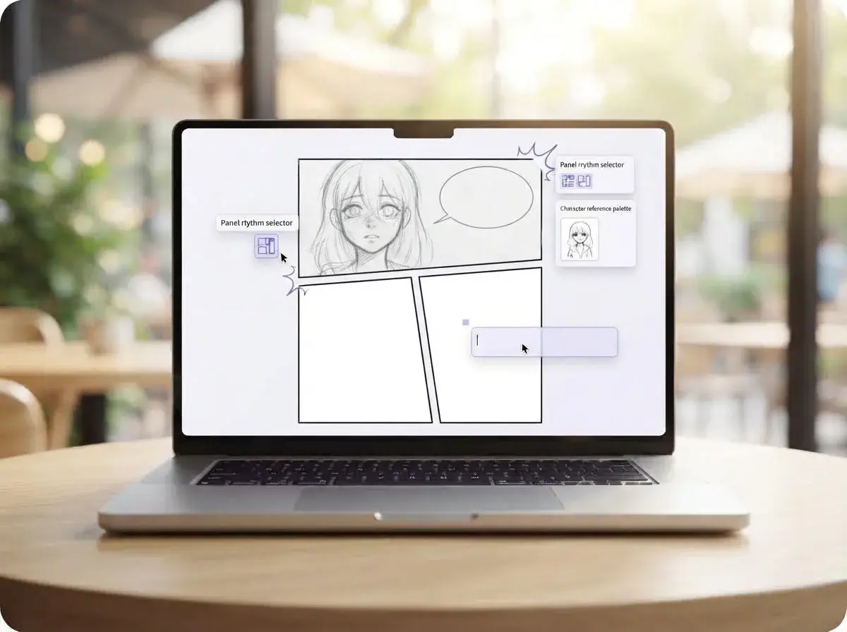 Maya adjusting panel flow and character look on a silver laptop in a sunny cafe