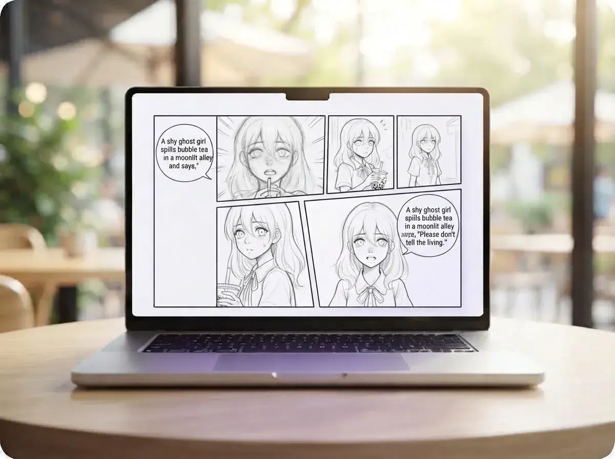 Maya viewing and sharing a finished multi-panel comic page on a silver laptop