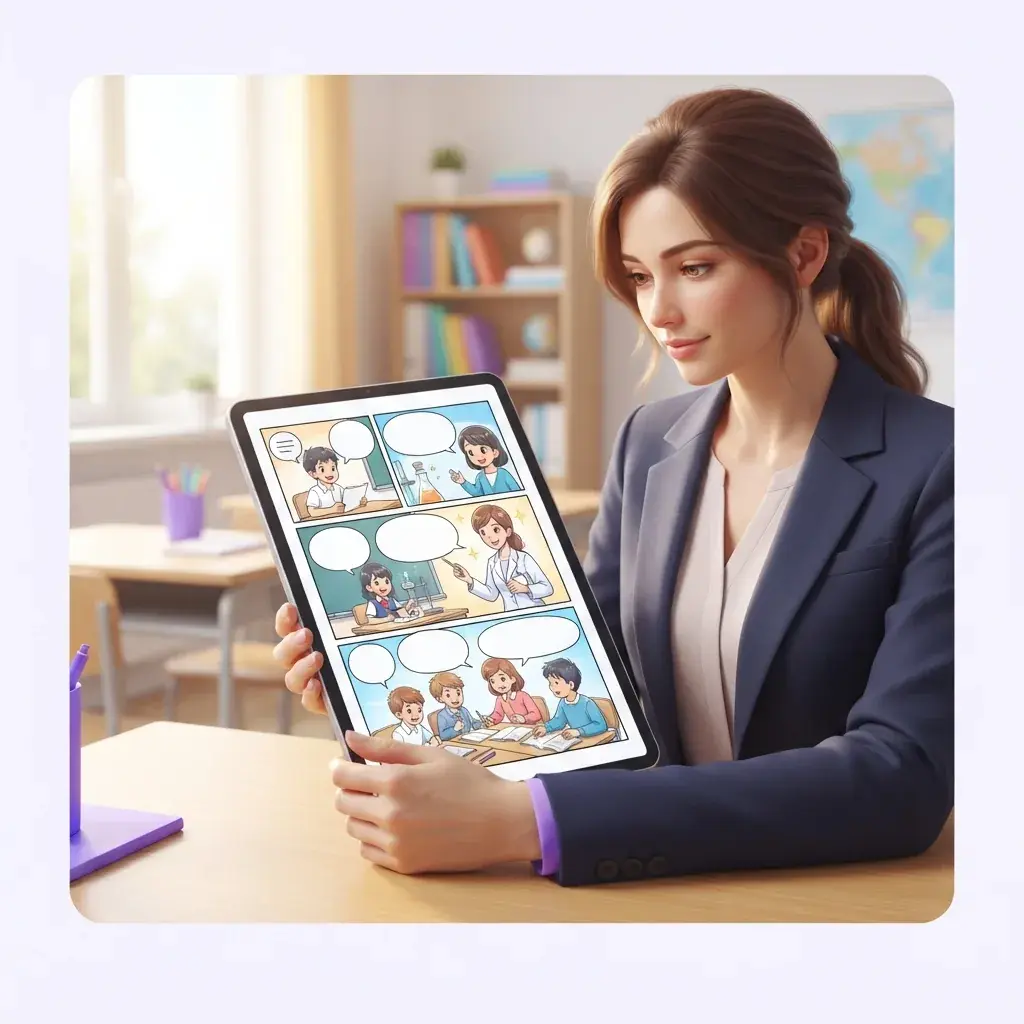 Teacher using a comic strip lesson in class