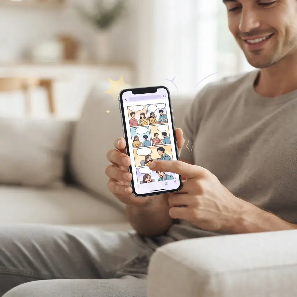 Person reading a funny comic strip on a phone