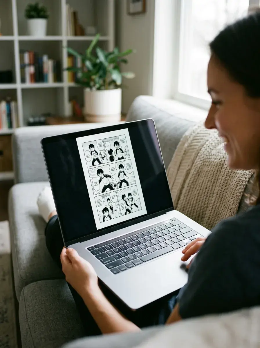 Person viewing a finished comic page on a device