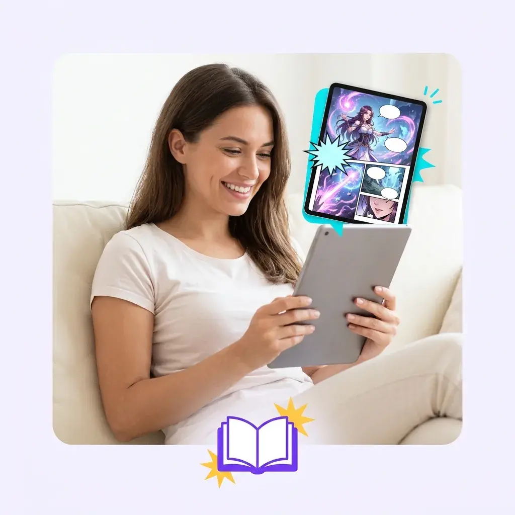 Person happily viewing their self-created manga on a tablet.
