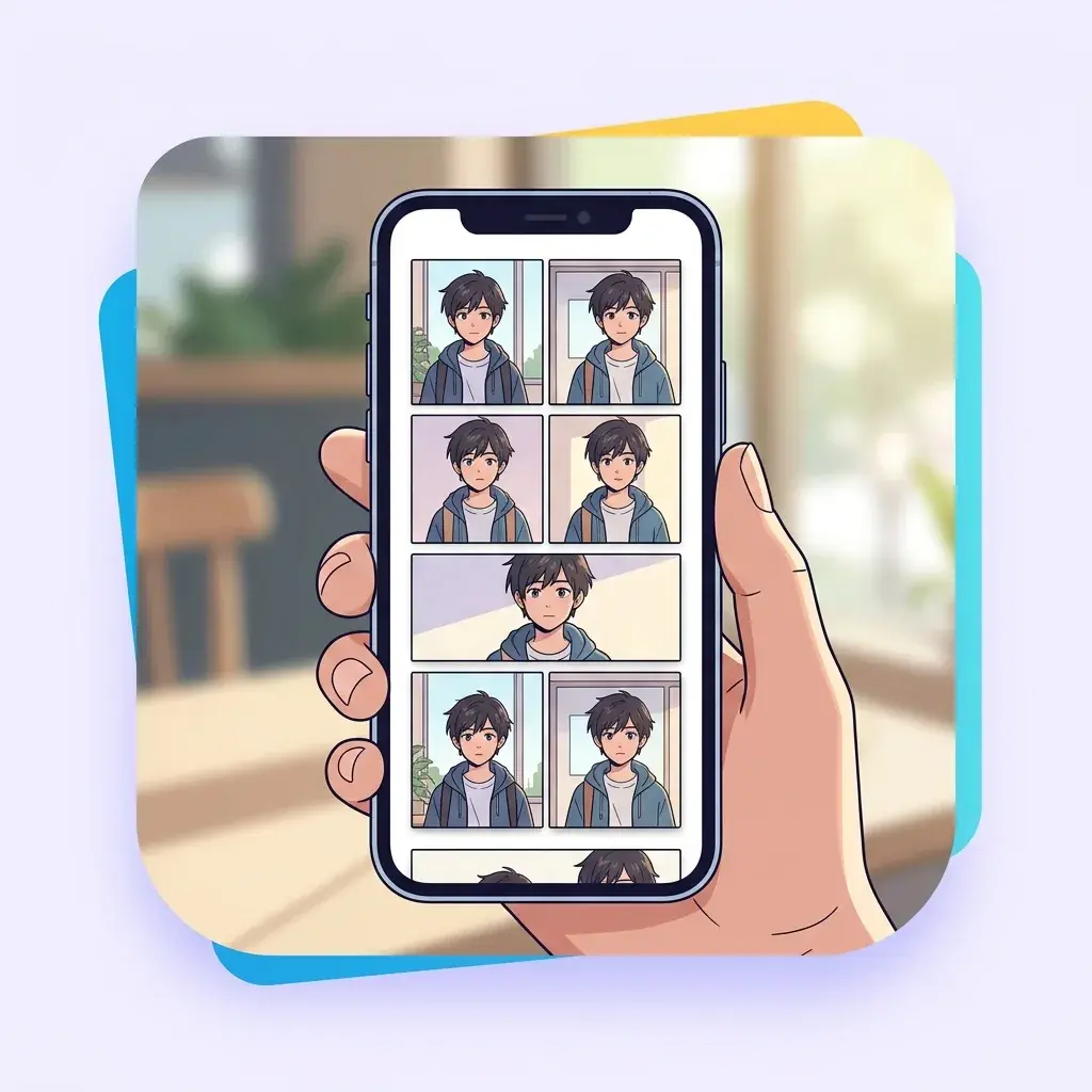 Phone showing a scrollable webtoon with a character maintaining consistent appearance.