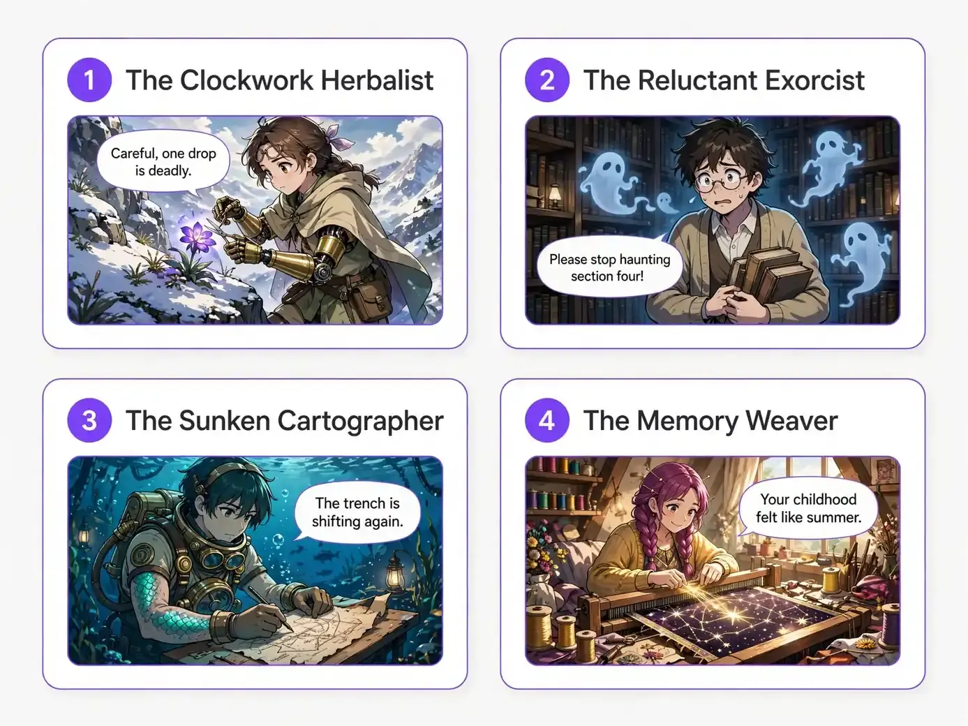 Four original character concept cards showing an herbalist, librarian, cartographer, and weaver